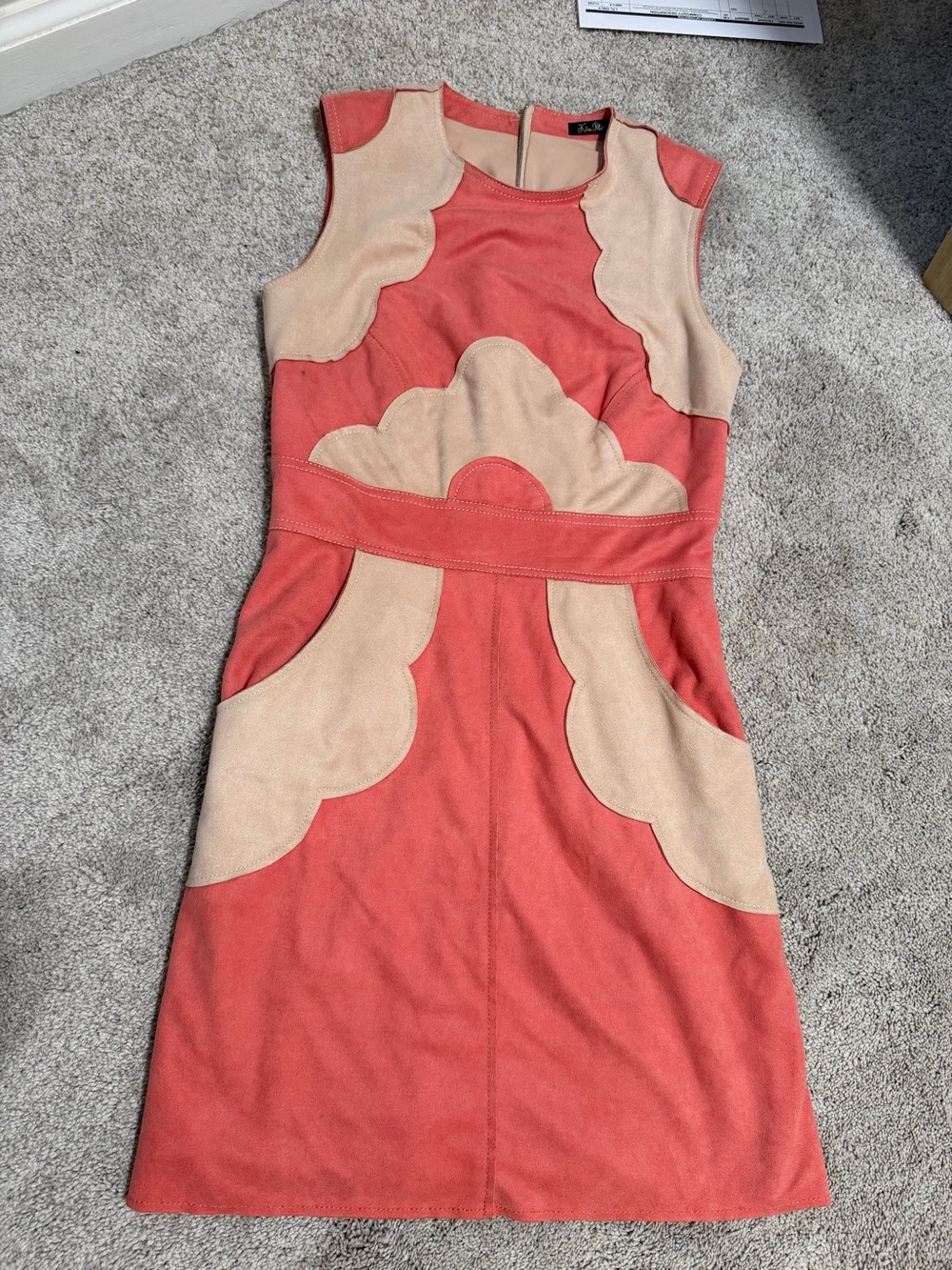 Sleeveless Coral and Beige Scalloped Mini Dress